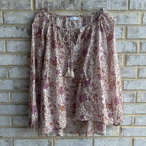 Primark Cares Long Sleeve Tie Neck 100% Cotton Floral Blouse Women's Size L